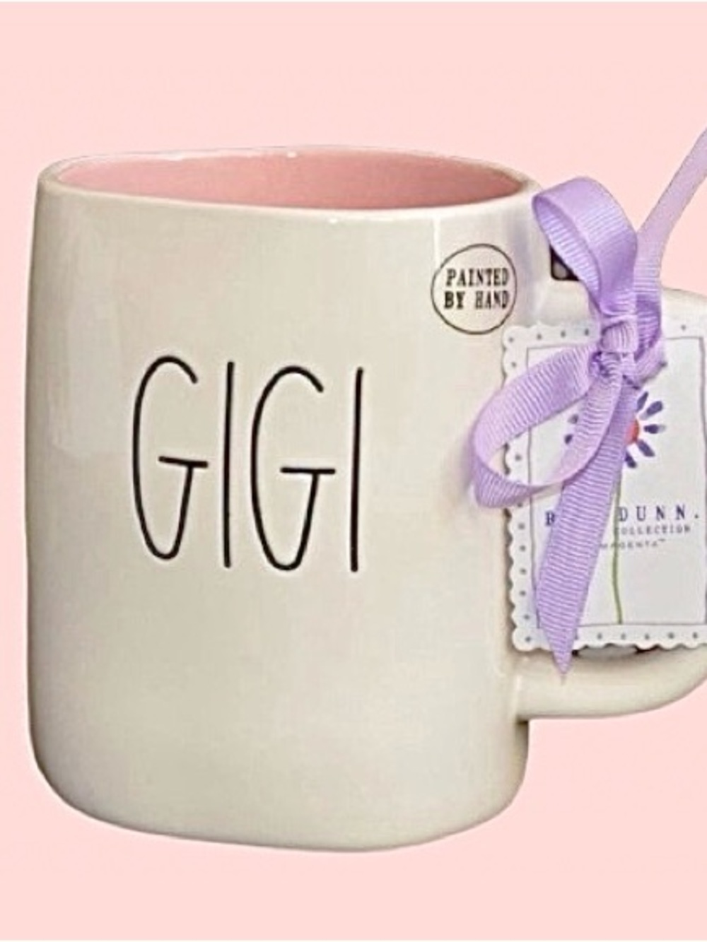 🆕- Rae Dunn- white ceramic "GIGI” artisan collection mug with a pink interior.